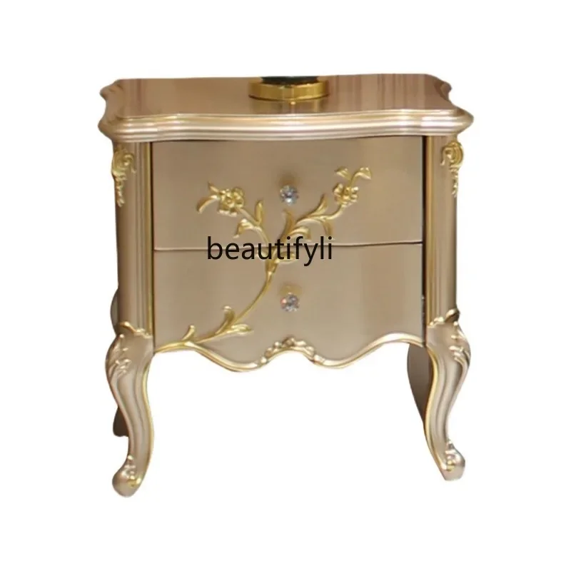 

Solid Wood Bedside Golden Side Cabinet Light Luxury Classic European Luxury Storage Cabinet Carved Locker