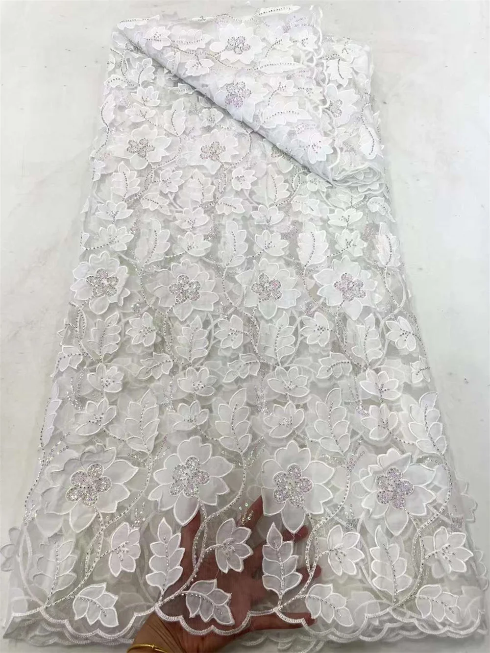 

Элегантная Белая французская кружевная ткань, сетчатая шифоновая кружевная ткань, африканская кружевная ткань, вышивка Нигерии для свадебного платья, 5 ярдов