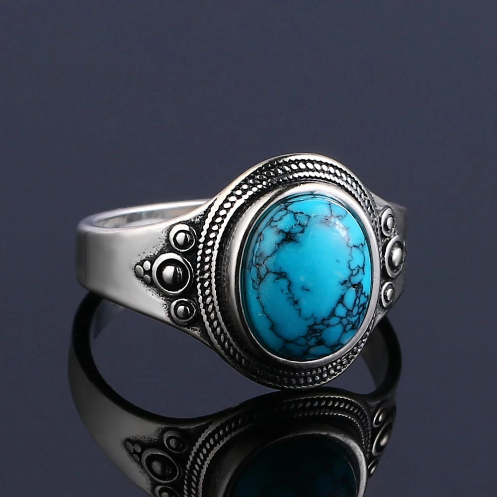 

Vintage S925 Sterling Silver Ring Natural Turquoise Rings Luxury Jewelry Party Anniversary Birthday Gift for Women Man