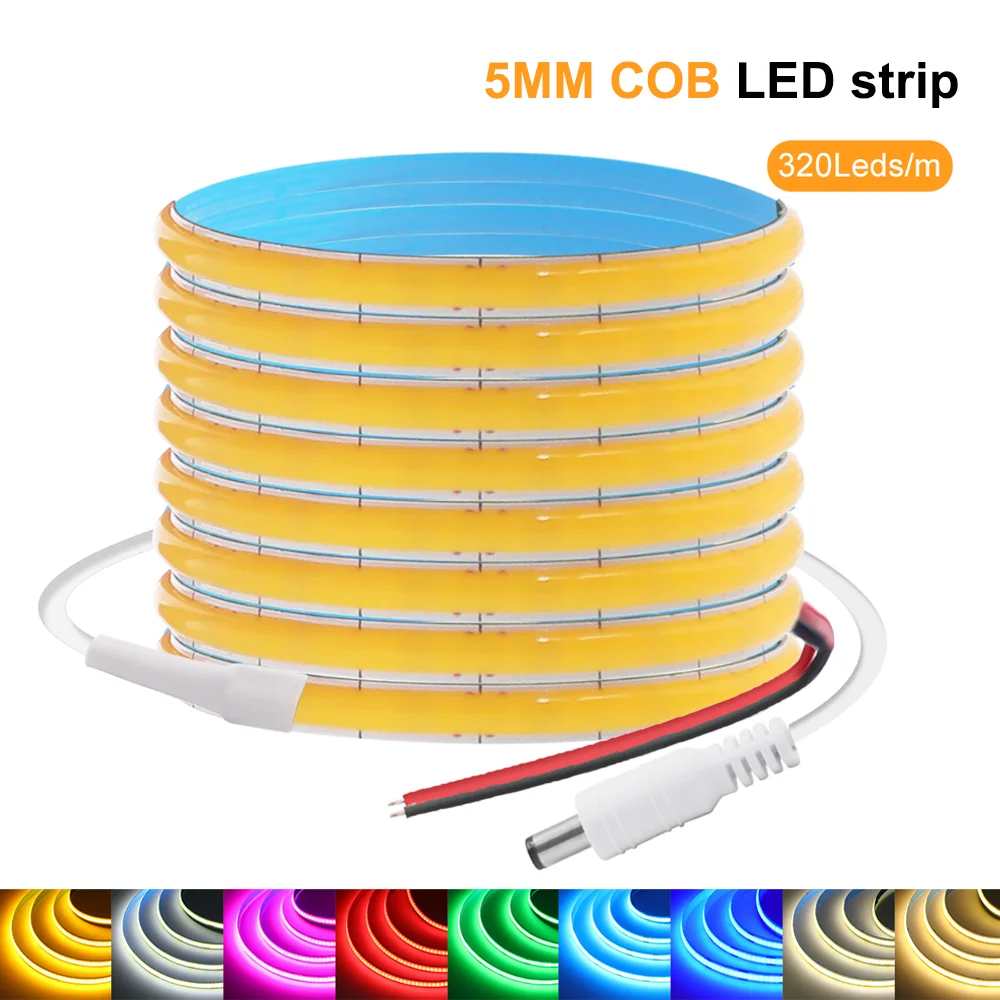 DC 5V 12V COB LED Strip 5mm 320LEDs/m White/Pink/Red/Green/Blue Flexible COB LED Tape Light Bar High Density Linear Lighting