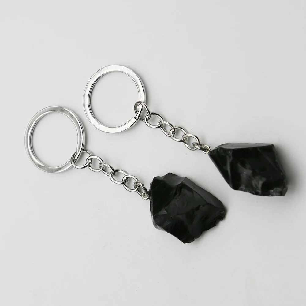 Natural Raw Ore Irregular Obsidian Keychain Exquisite Stainless Steel Chain Keyring Pendant For Men And Women Fashion Jewelry 5P