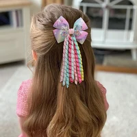 Sweet Unicorn Hair Clips For Girl Bow Barrette Cute Tassel Ribbon Curly Ponytail Hairpins Accessories 6