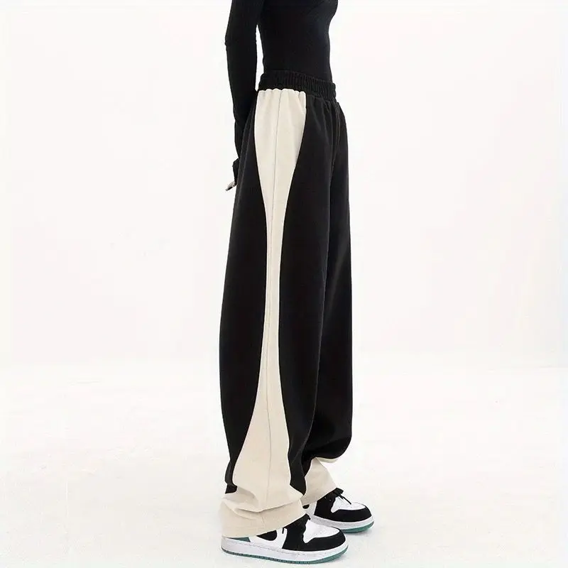 Spring Autumn Contrast Color Fashion Elastic Waist Wide Leg Trousers Women High Street Casual Loose Harajuku High Waist Pants