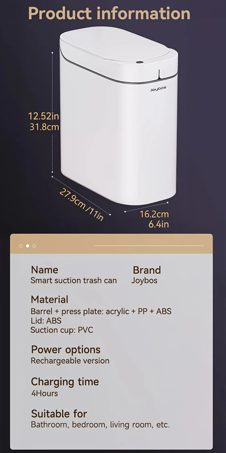 Smart Sensor Trash Can JOYBOS Rechargeable Auto Adsorption Bag Garbage Can For Toilet Living Room Kitchen Household Items