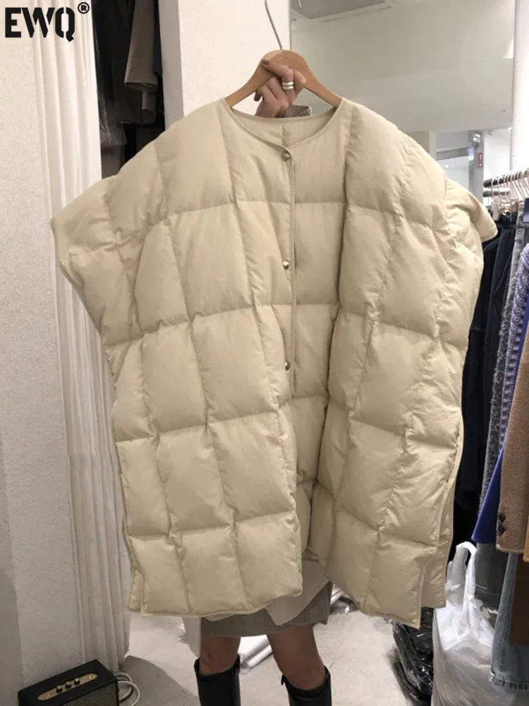 

[EWQ] Korean Beige Button Up Cotton-down Vest For Women 2023 Autumn Winter New Trendy Outwear Sleeveless Waistcoat Tank 16U5416