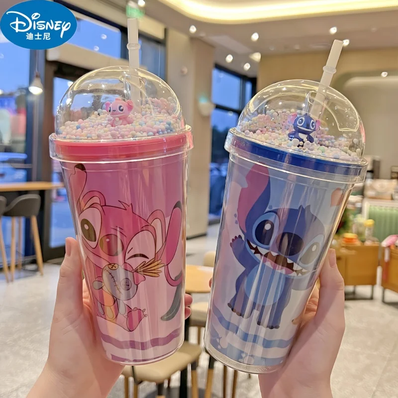 Disney 450Ml Stitch Cartoon Double Layer Plastic Water Cup Student Portable Sippy Cup Per Ragazzi Ragazze Cute Anime Straw Cups Gift