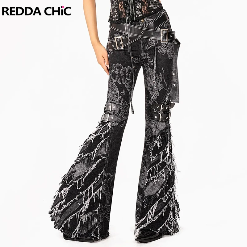REDDACHiC Maximalist Dragon Pattern Women Flare Jeans Tassels