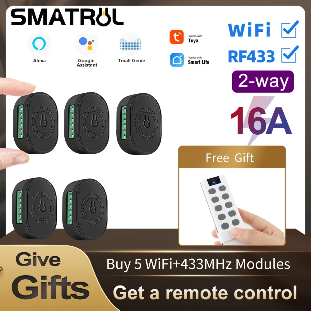 

SMATRUL 16A Tuya WiFi RF433 Smart Wireless Switch Light Mini 2 Way Module On Off Timer Breaker 110v 220v For Google Home Alexa