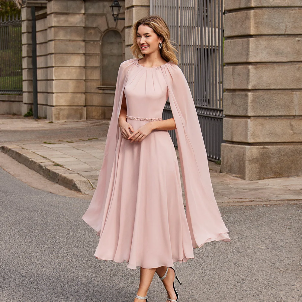 

Pink Chiffon Mother of the Bride Dresses Simple Scoop Neck Long Sleeves Pearls Tea-Length A-LINE Evening Mother Gowns فساتين