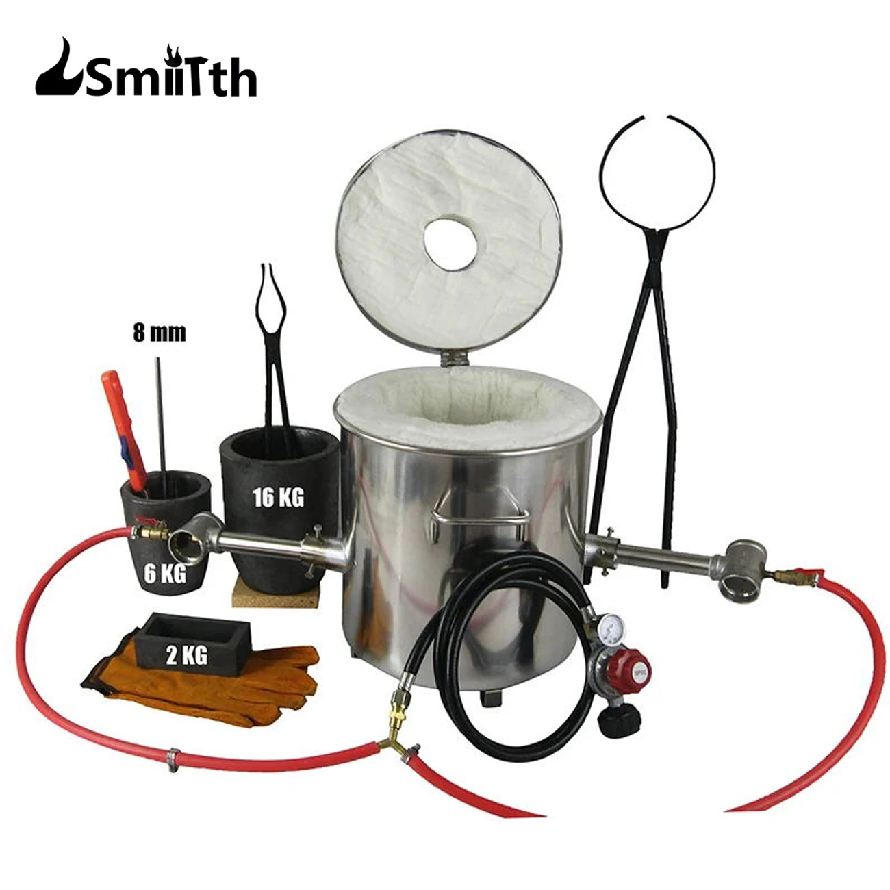 

LSMIITTH 16 KG Large Gas Metal Melting Furnace Dual Burner Foundry Forge Smelter Kit With Lifting Pouring 2 in 1 Tongs Propane