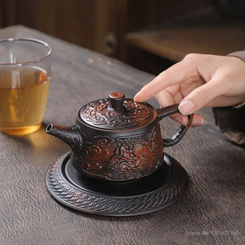 Chinese Style Kongfu Relief Pattern Teapot Tray Set Home Office Living Room Supplies Pure Handmade Ceramics Retro Xishi Tea Pots