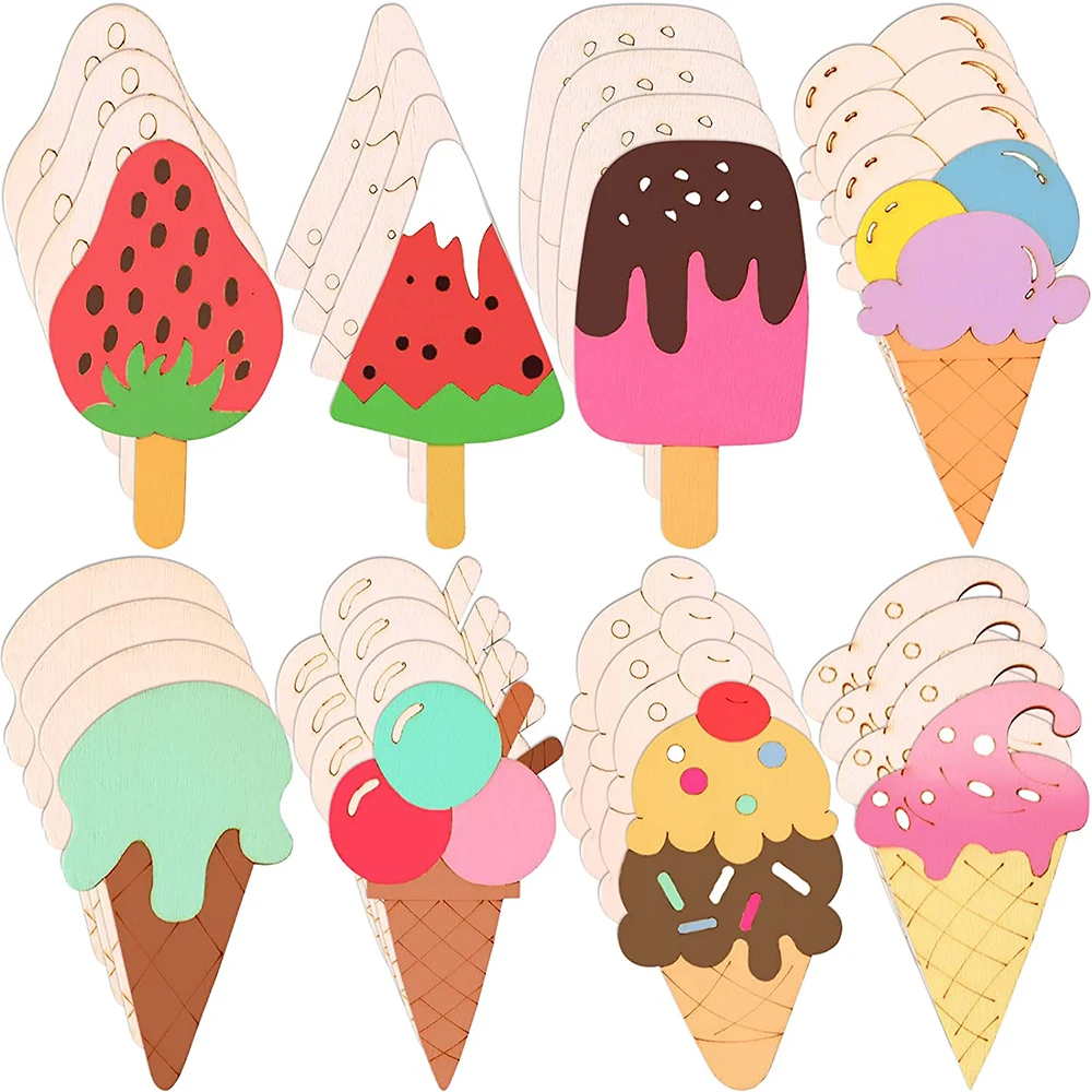 40PCS 8 Styles Unfinished Ice Cream Wooden Cutouts Blank Wooden Paint Crafts Kids Birthday Painting DIY Crafts Home Decoration
