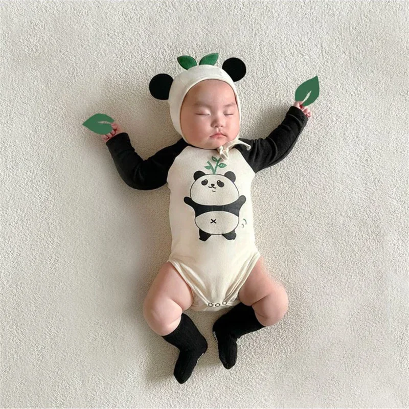 

Newborn Baby Boys Girls Bodysuits Clothes Cartoon Panda Kawaii Long Sleeve Onesie Ropa Bebe With Hat Children's clothing