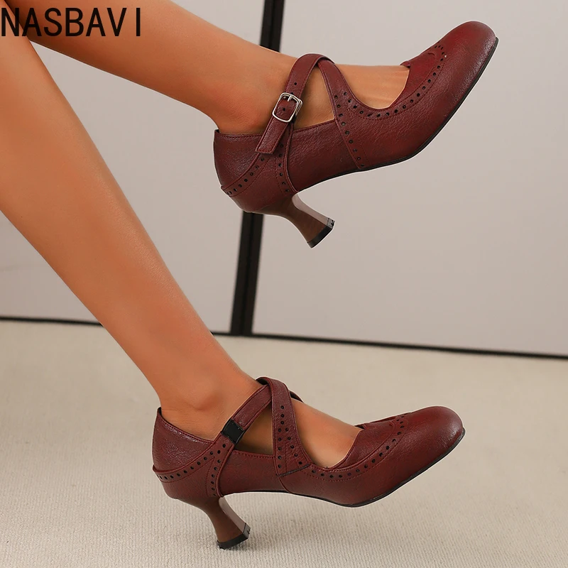 NASBAVI Brand Casual Daily Women Pumps Round Toe Strange Heels 6cm Buckle Strap Large Size 45 46 47 Soft Spring Shoes for Lady 5