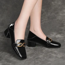 

2021 Genuine Leather Square Heel Slip On Ladies Shoes Spring Autumn Casual Round Toe Basic Women Pumps Big Size 35-39