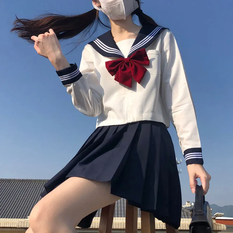 

White 3 Striped Basic Sailor Outfit Japanese School Girl Uniform Seifuku Student Girls Cos Costume Women JK Pleated Navy Skirt