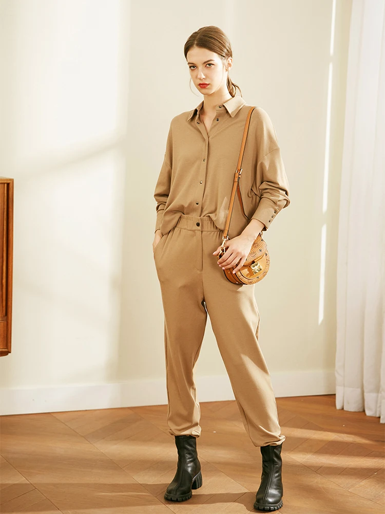 

Женские костюмы из 85% хлопка, блузка с длинным рукавом и отложным воротником, простой дизайн, 15% полиэстер