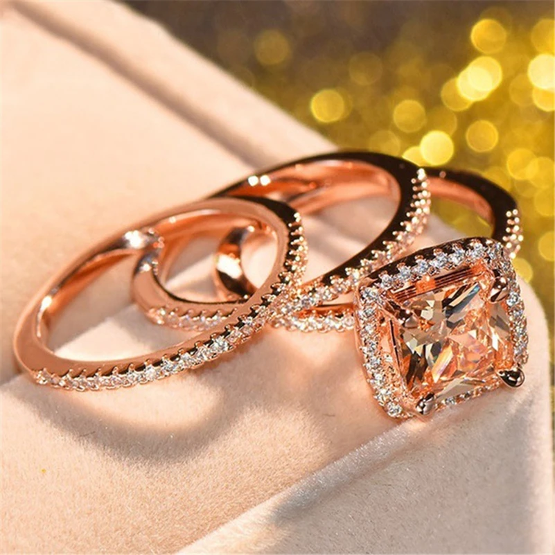 

14K Rose Gold Color Topaz Ring Set Women Three Piece Bizuteria Gemstone Anillos Wedding Ring Box Topaz Peridot Jewelry Anels
