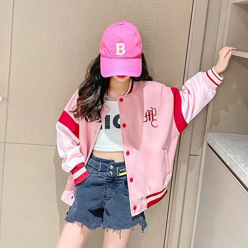 Girls Baseball Jacket Korean Design Sense Pink Stand Collar Embroidered