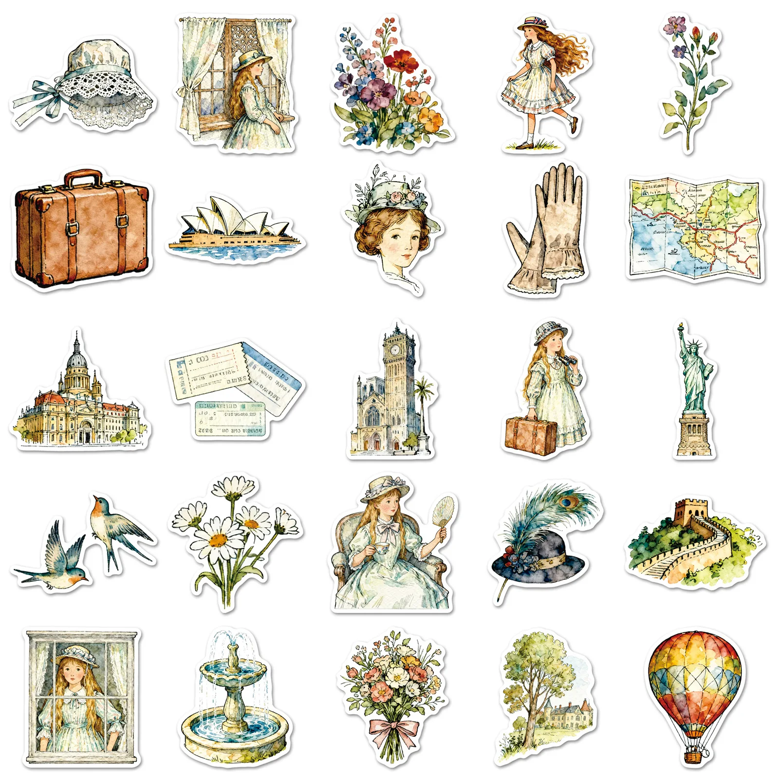 50Pcs 레트로 여행 소녀 그림 아트 스티커 데칼 노트북 스크랩북 수하물 기타 헬멧 DIY 낙서 미적 스티커