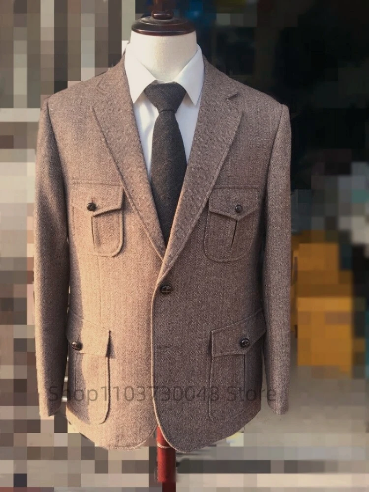 Fashion Notched Lapel Brown Herringbone Business Suit Jacket Man Blazer Formal Party Prom Tuxedos Plus Size Custom Suit Jackets