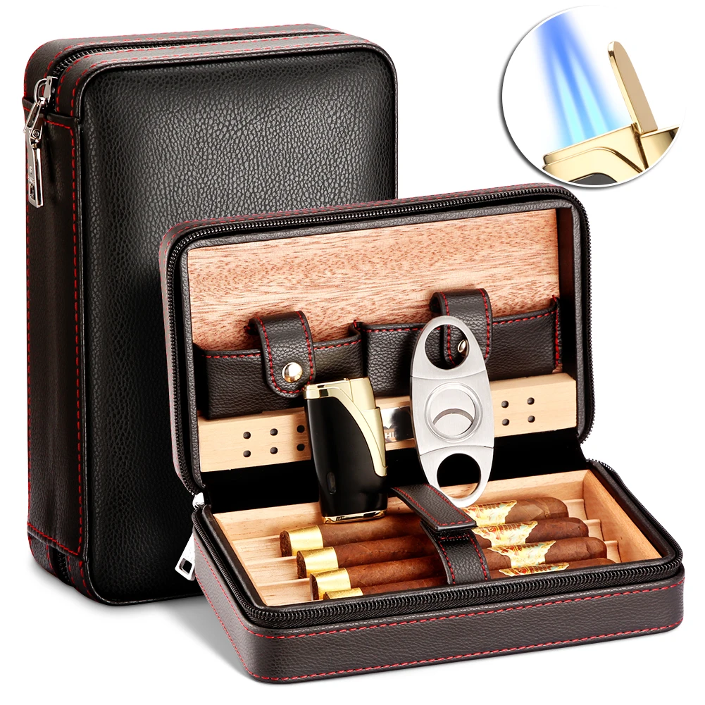CedarWoodCigarHumidorTravelLeatherCigarCaseWwoLighterCutter