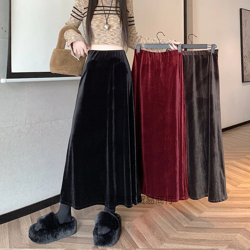 

2023 New Arrival Velvet Midi Skirt for Women High Waist Slimming A line Skirt Elegance