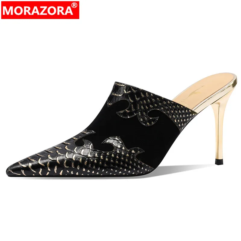 

Женские шлепанцы из натуральной кожи MORAZORA, черные или белые шлепанцы из натуральной кожи на тонком высоком каблуке, с острым носком, лето 2024