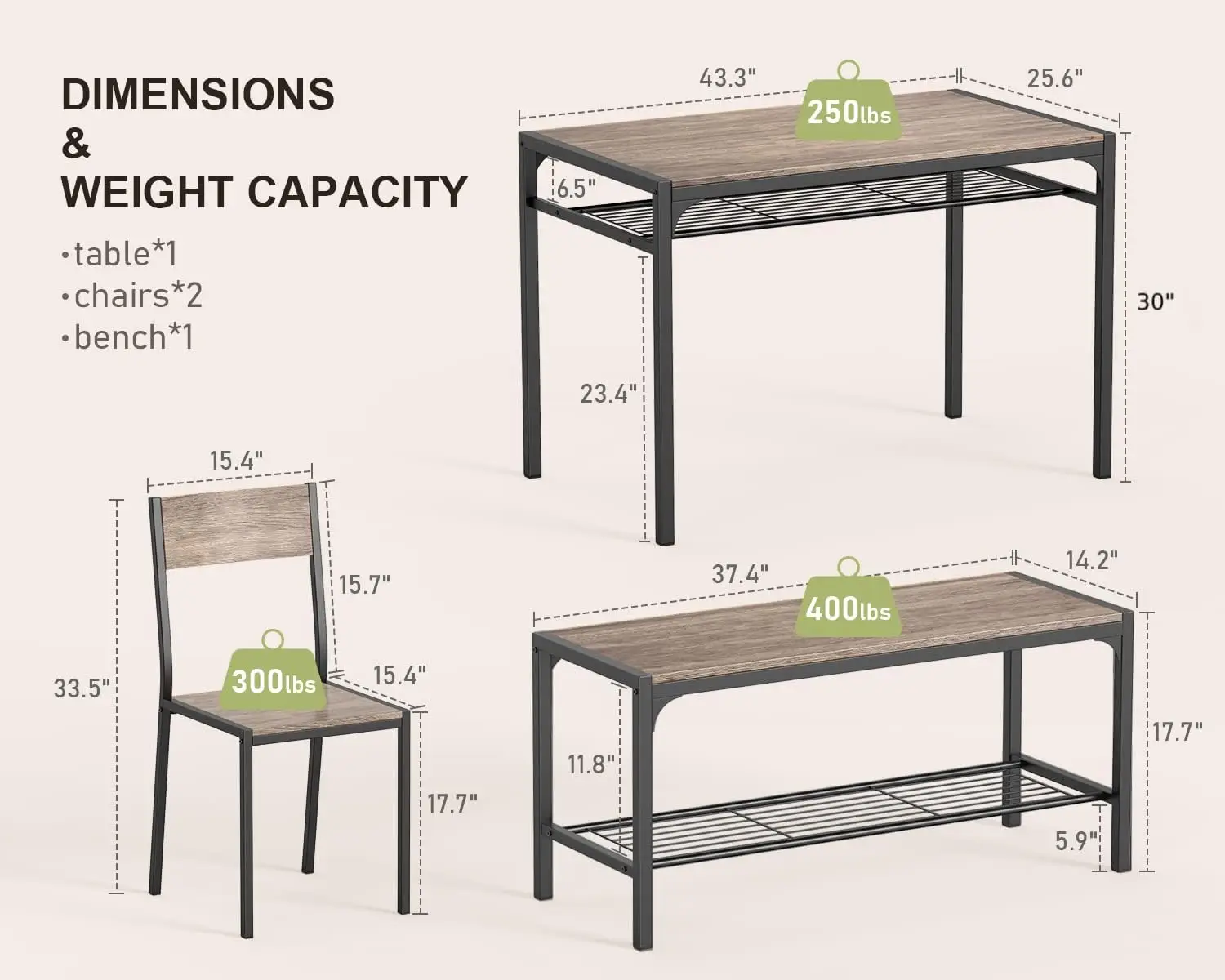 Gizoon Kitchen Table and 2 Chairs for 4 with Bench, 4 Piece Dining Table Set for Small Space, Apartment 3