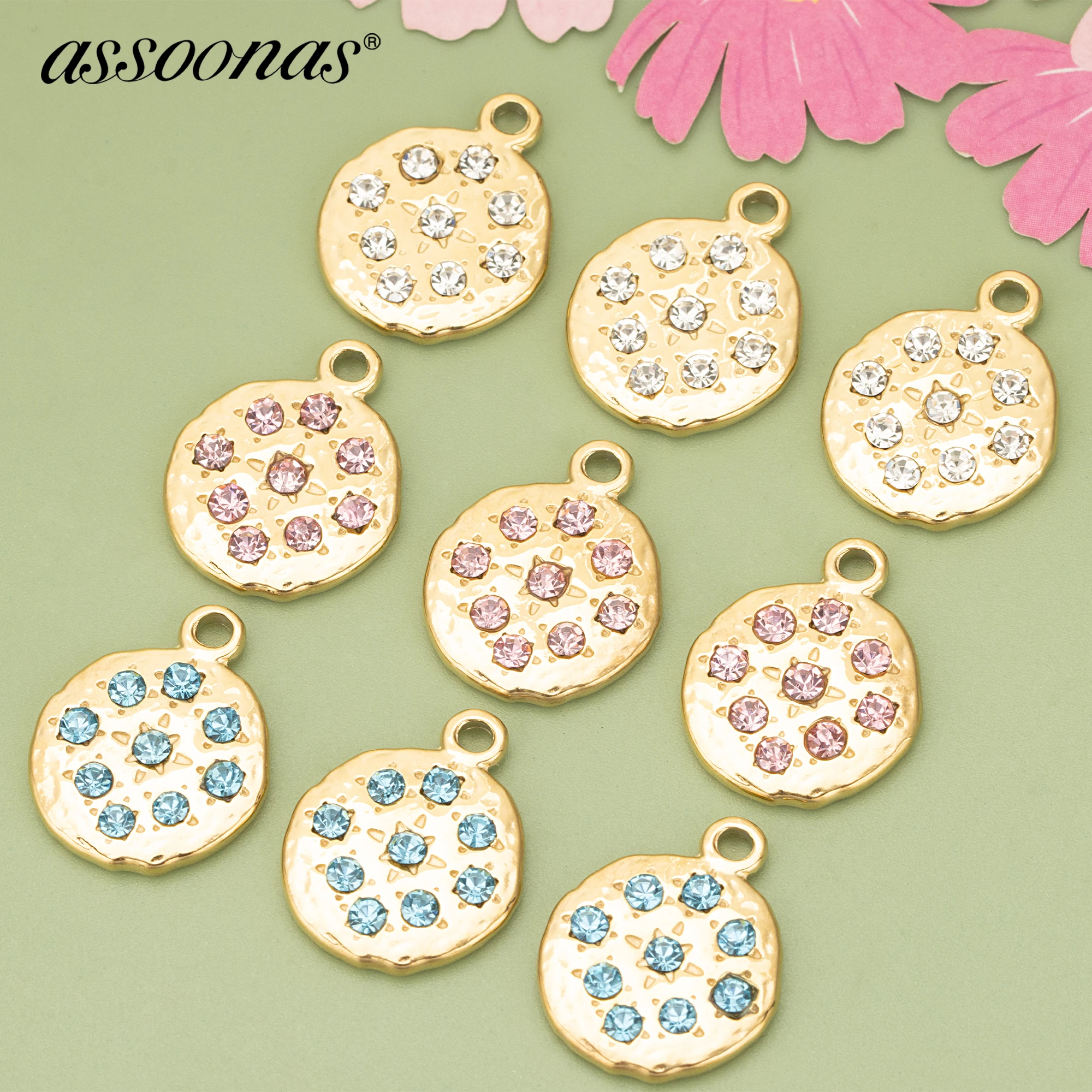 

(ME12) 4pcs 15x15MM High Quality 316L Stainless Steel and Zircons Round Shape Charms Pendants Diy Jewelry Findings Accessories