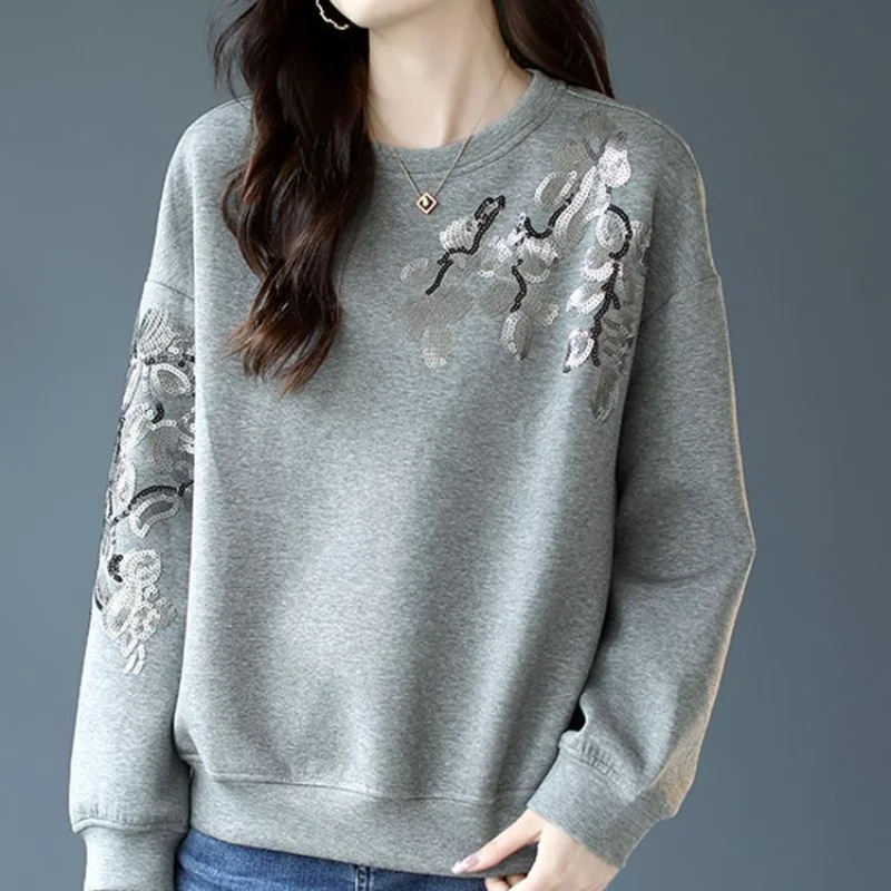 

Korean Version Versatile Pullover Spring and Autumn Glitter Cotton Loose Fitting Women's Fashion New Round Neck Long Sleeved Top