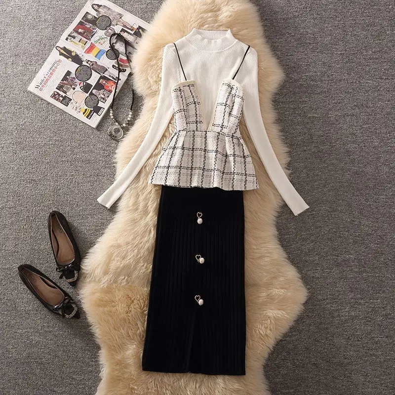 Korean Popular Thousand Bird Grid Strap Vest Long Sleeve Sweater Slim Wrap Hip Skirt Three Piece Elegant Women's Dress Set