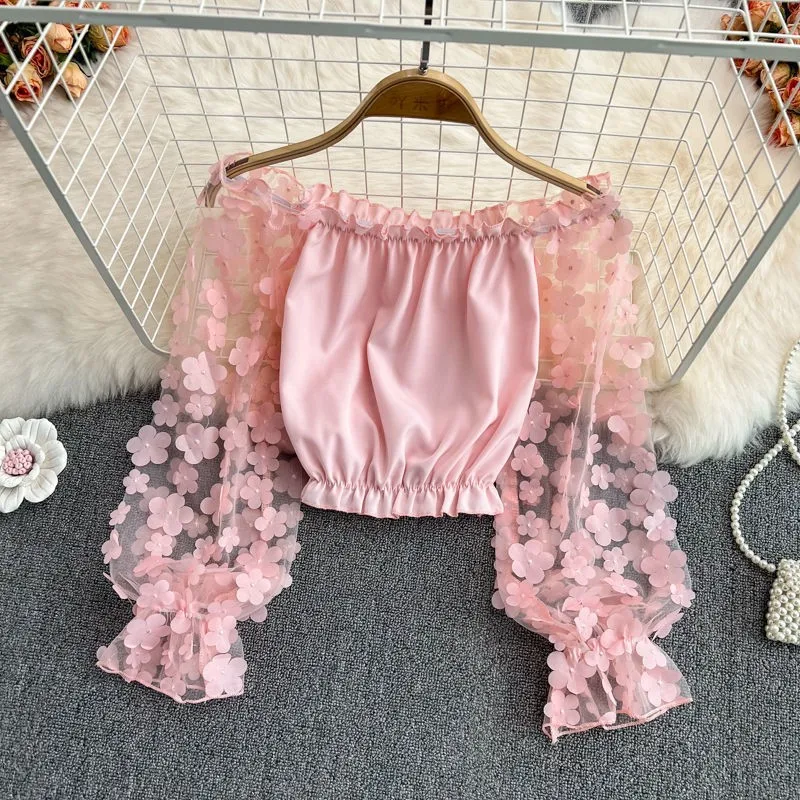 Sexy Off-shoulder Maternity Photography Clothes Lace Flower Photo Shoot Props Short Top Transparent Tulle Long Sleeved Clothes