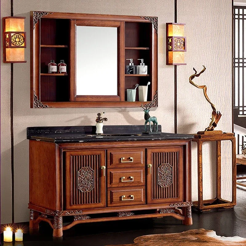 Chinese Bathroom Cabinet Wash Basin Marble Washstand Mirror Cabinet Bath Side Combination Customization