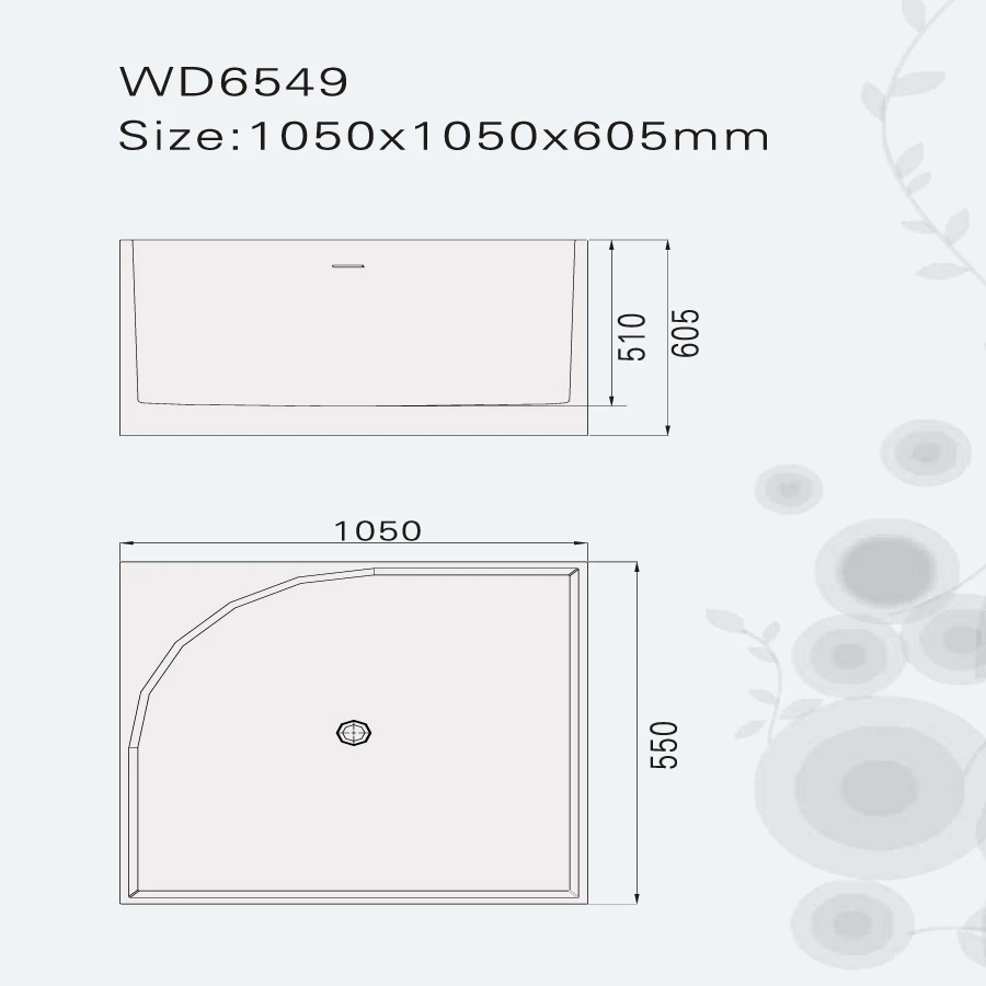 1050x1050x605mm Solid Surface Stone Acrylic Bathtub Freestanding Floor Mounted Integrated Corian Tub WD022