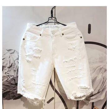 2022 Summer Fashion Cropped Men's Tattered Ripped Shorts Loose Straight Casual White Denim Pants Streetwear Men Boyfriend Jeans 1