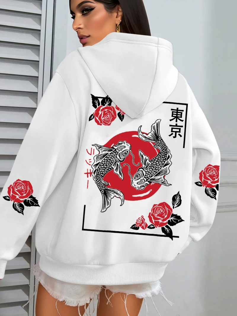Tokyo Koi Fish Rose 하라주쿠 프린트 여성 후드 루즈 캐주얼 Hoody 가을 멀티 컬러 streetwear all-match 양털 의류