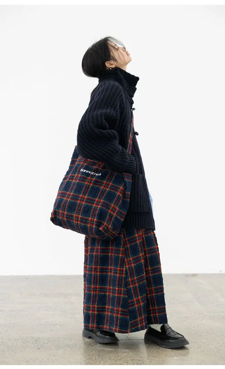Vintage Plaid Large Capacity Crossbody Trendy Casual Tote Backpack Wool-blend cottonVersatile Handbag Oversized Canvas Armpit Ba
