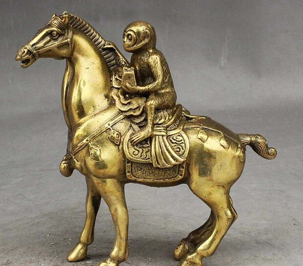 

16cm bronze Pure Brass Good value Lucky Folk China Fengshui Brass Monkey Ride Horse Ma Shang Feng Hou Auspicious Statue