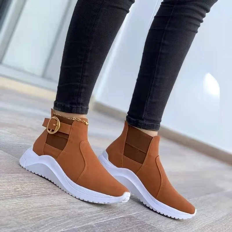 

2022 New Round Toe Women's Autumn Boots Casual Woman Boots Platform Wedge Shoes Side Buckle Retro Solid Women's High Boots