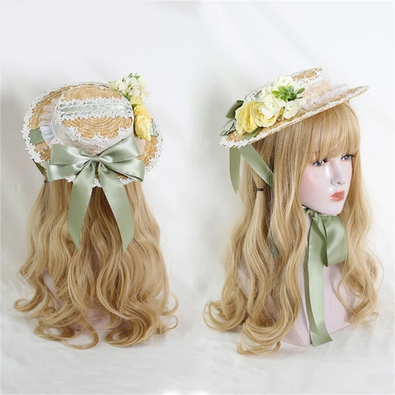 

Handmade Bonnet Lace Decorated Bonnet Tea Party for Girls Women Court Miss Flat Hat SunHat Bonnet Wedding Hat