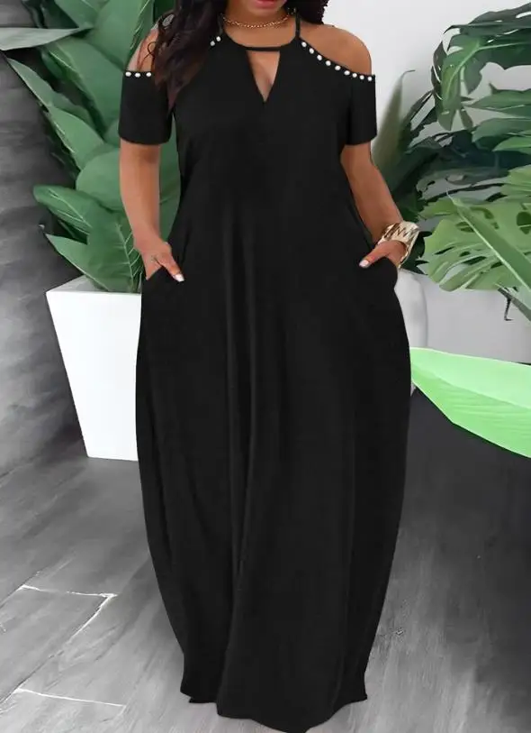

Plus Size Cold Shoulder Pearl Decorated Maksi Dress 2023 New Hot Fashion Women's Wear