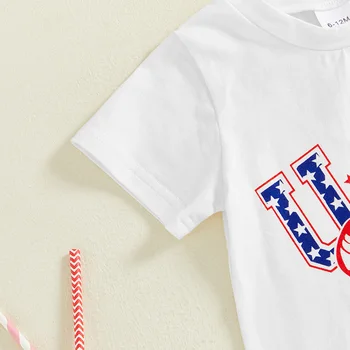 Infant Girl Patriotic Outfit American Flag Print Ruffle Sleeve Top and Denim Shorts Set for 4th of July Celebration 4