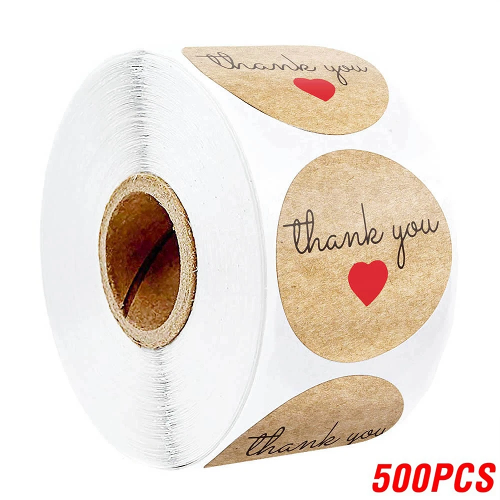 1in Natural Kraft thank you Stickers Heart shape seal labels 50-500pcs stickers scrapbooking for Package stationery sticker 