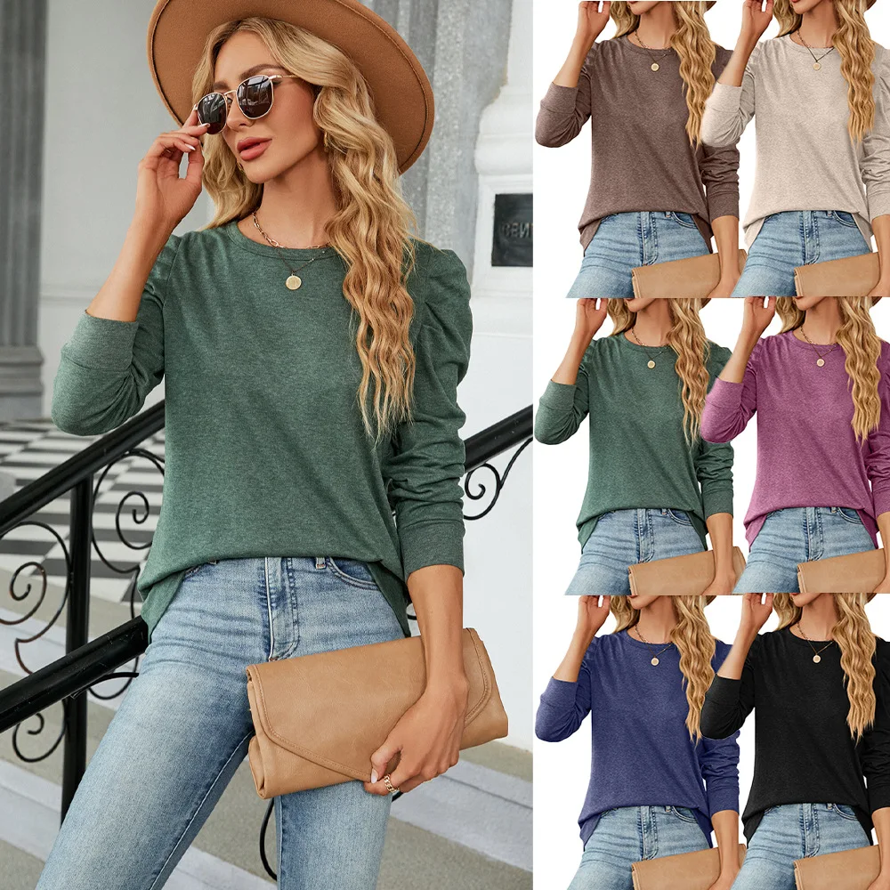 

Women Round Neck Draw Pleated Patchwork Long Sleeve Loose T-shirt