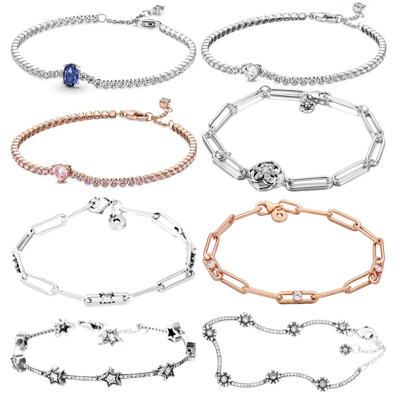 

New 925 Sterling Silver Sparkling Pink Clear & Blue Heart Tennis Link Chain & Stones Bracelet For Popular Bead Charm Diy Jewelry