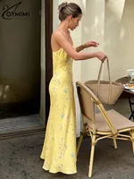 Oymimi Casual Yellow Print Women's Dress Elegant Spaghetti Strap Open Back Dresses Autumn Fashion High Waist Ankle-Length Dress - Image 2