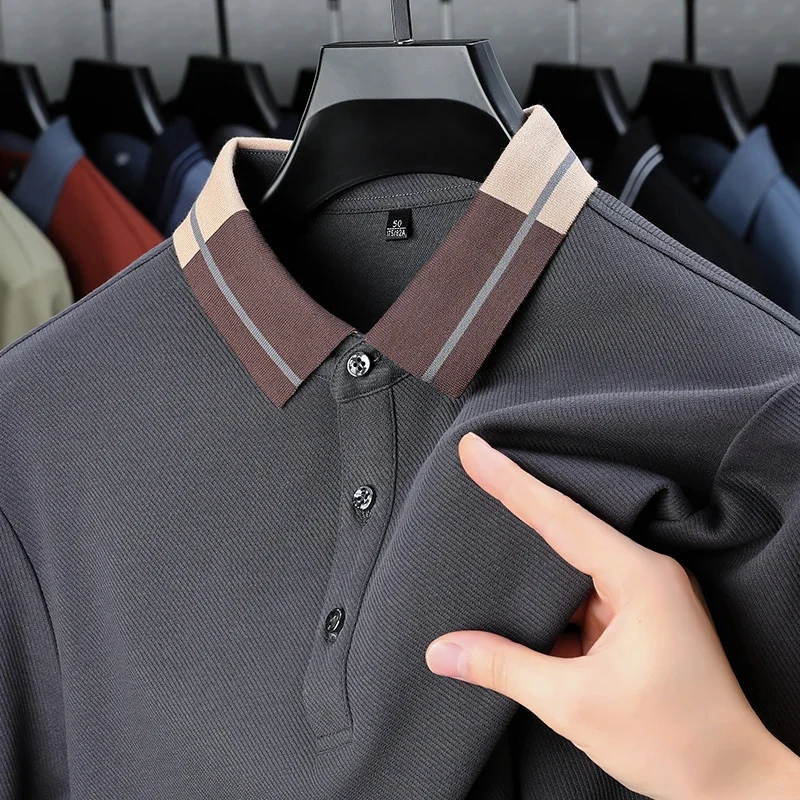 

2024Spring and Autumn High end Long Sleeve POLO Shirt Men's Contrast Polo Neck Fashion Casual Business Silk Cotton T-shirt