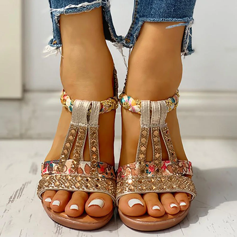 New Gladiator Wedge Heels Elastic Band Crystals Summer Women Shoes Woman Sandals Leisure Beach Sandals Large Size 35-43