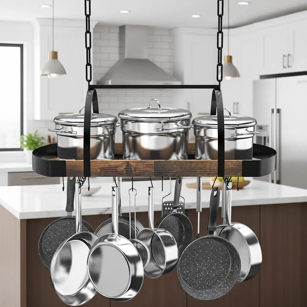 32-Inch Ceiling Pot Rack, Space-Saving Pot Hanger with 16 Detachable S ...